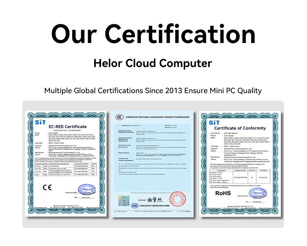 Blog công ty mới nhất về Máy tính đám mây Helor: Nhiều chứng nhận toàn cầu kể từ năm 2013 đảm bảo chất lượng máy tính nhỏ