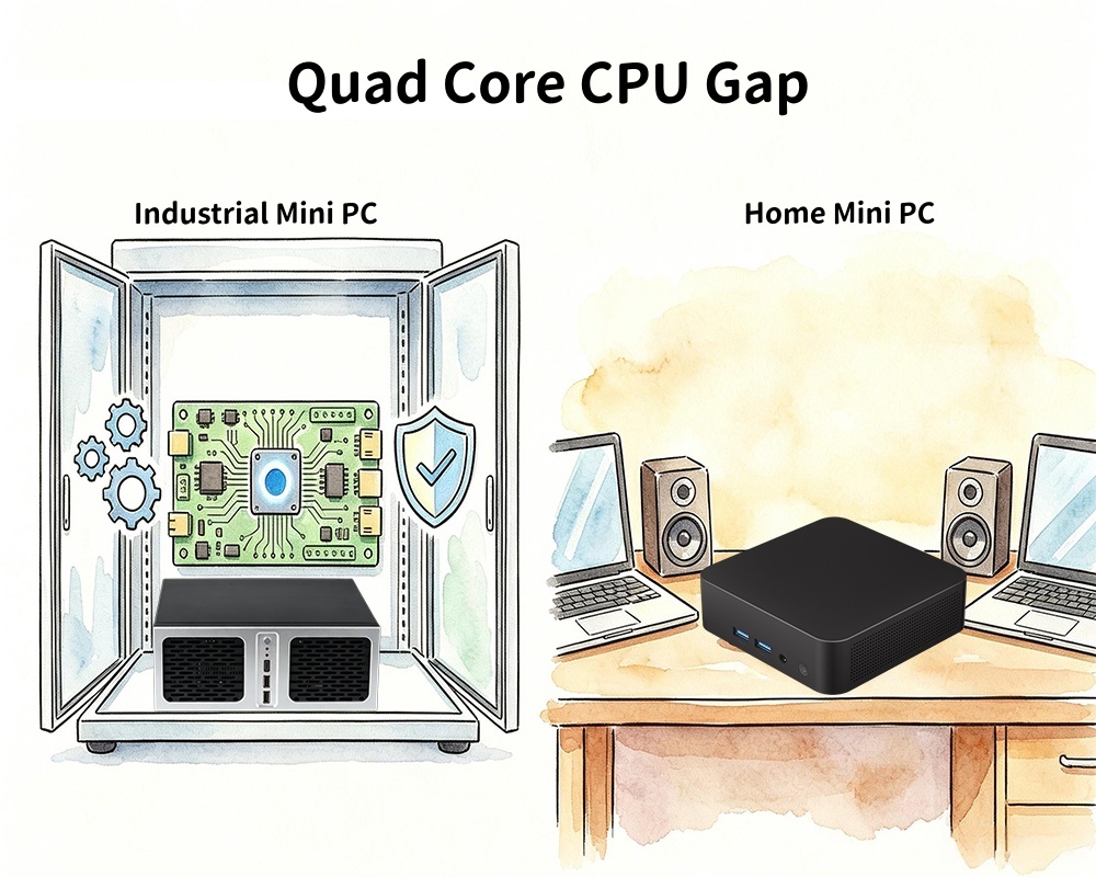 Blog công ty mới nhất về Khoảng cách CPU lõi tứ Máy tính mini công nghiệp Vs Máy tính mini gia đình
